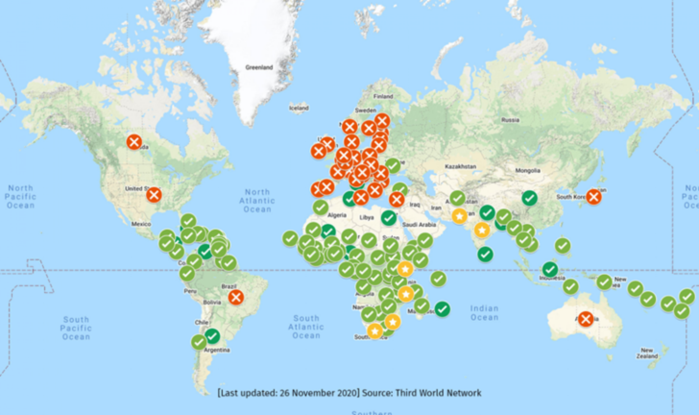 Kart over hvilke land som støtter og blokkerer TRIPS waiver COVID19