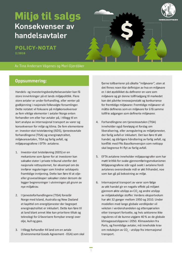 Policy-notat: Miljø til salgs:Konsekvenser av handelsavtaler
