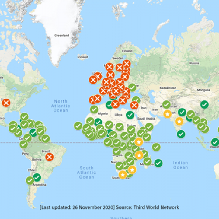 Kart over hvilke land som støtter og blokkerer TRIPS waiver COVID19